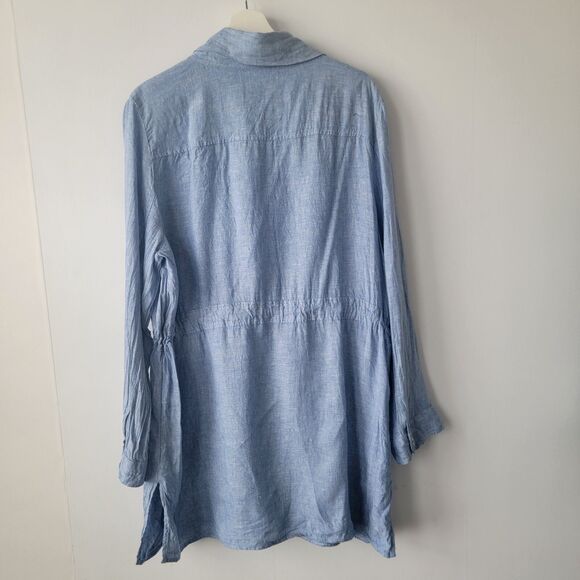 Chicos Womens 100% Linen Cross Utility Jacket sz 16/18 Drawstring Snap Down Blue - Picture 2 of 9